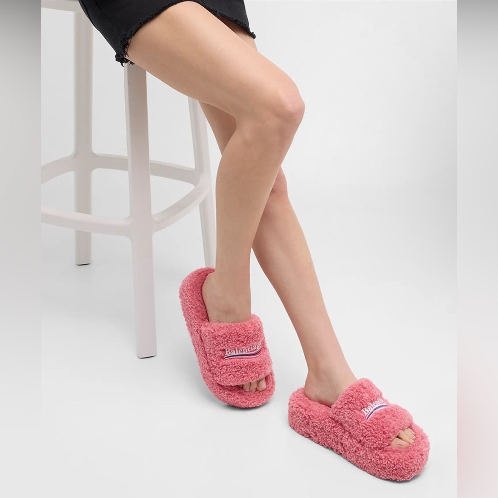 Balenciaga Pink Furry Platform Slides SZ 9